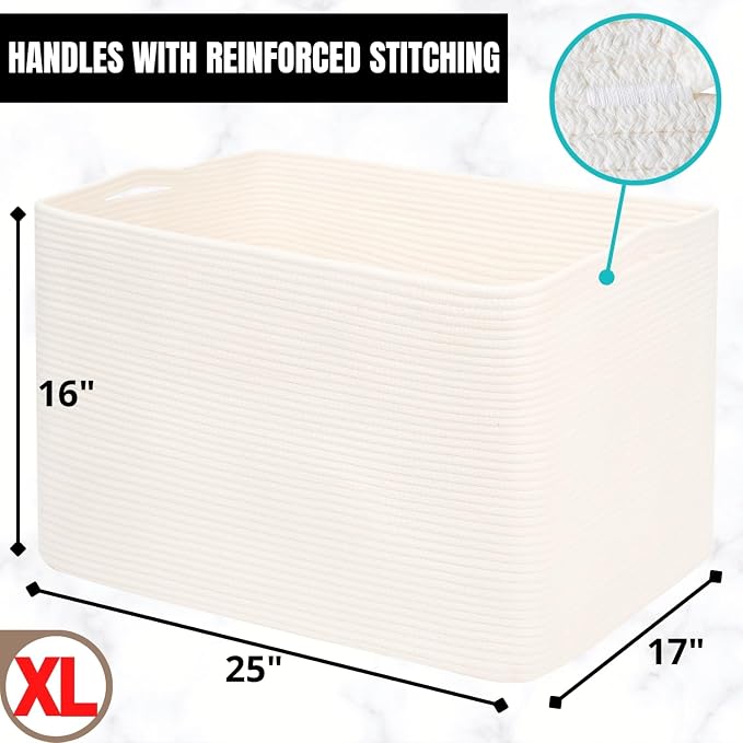 112L Extra Large Blanket Basket Holder Living Room, 25"x17"x16" Rectangle Rope Woven Storage Basket with Handles for Laundry, Towels, Shoes, Dog Toy Organizer Bin Box, Creamy White - Image 7
