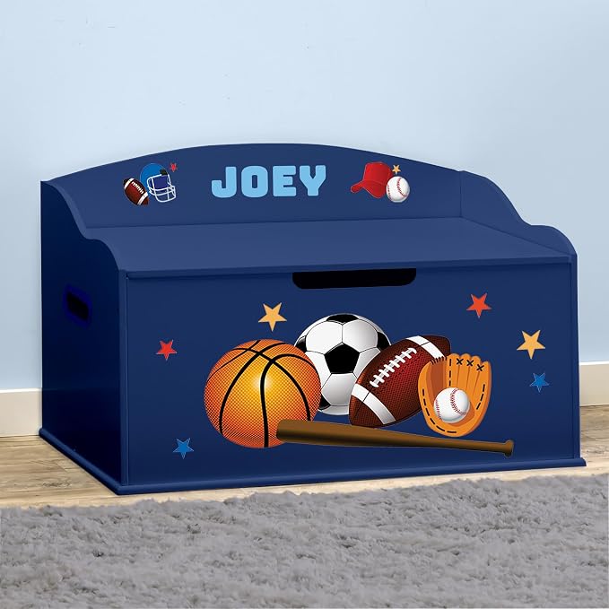 DIBSIES Personalized Creative Wonders Toy Box, Sports, 30 x 19.25 x 18 inches, Soft-Close Lid (Blue) - Image 4