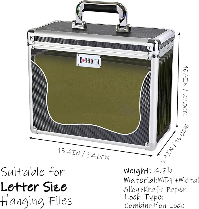 Hanging File Box for Letter, All-in-one set with 10 Folders | Portable Locking Filing Storage Box with Handle & Shoulder strap, Lockable File Cabinet Documents Safe, Lockbox Doc Organizer - Image 3