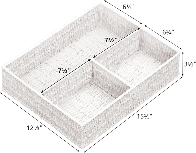 Wicker Divided Storage Basket, White Wicker Baskets, Basket for Shelves Drawer Organizing, 3 Section Rectangular Woven Storage Baskets, 2-Pack - Image 2