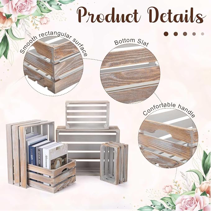Soaoo 5 Pcs Decorative Nesting Wooden Crates for Storage Display 5 Size Large Small Rustic Wood Decorative Storage Crates with Handle Farmhouse Crate Box Container Made from Pine(Vintage Gray) - Image 3