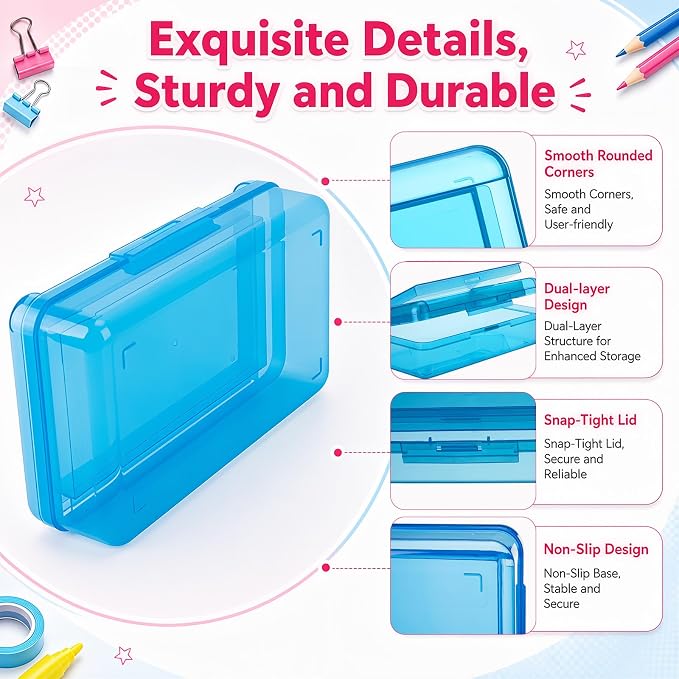 12 Pack Double Layer Large Pencil Box, Clear Plastic Hard Pencil Case with Snap Lid, School Supply Organizer Box for School Office Classroom Home Supplies(Classic Colors) - Image 3