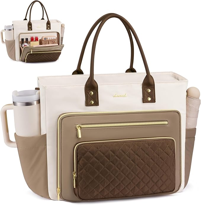 LOVEVOOK Teacher Tote Bag for Women Work, Laptop Bag With Large Cup Holder, Nurse Bags Professional Briefcase Business Computer Purses Handbag Gifts,Khaki-Beige-Coffee,15.6 Inch by LOVEVOOK