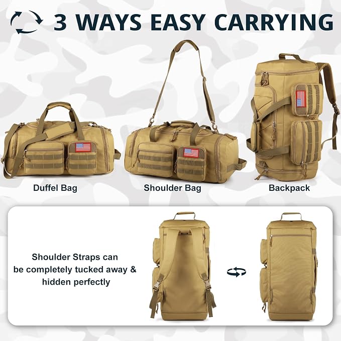 Tactical Gym Bag for Men,70L Large 3-in-1 Sports Duffle Bag for Travel Gym | Water Resistant ,Adjustable Shoulder Strap,MOLLE Weekender Overnight Bag with Shoes Compartment,Gym Backpack for Gym,Travel - Image 5
