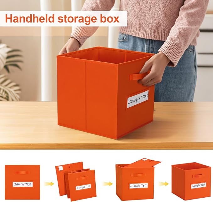 13x13 storage cube bins (Set of 10) Foldable Fabric storage cubes with 10 Labels Window Cards & a Pen,13 inch cube storage bins,Closet Organizers for Shelves,Cubby Organizer Boxes,Orange - Image 4