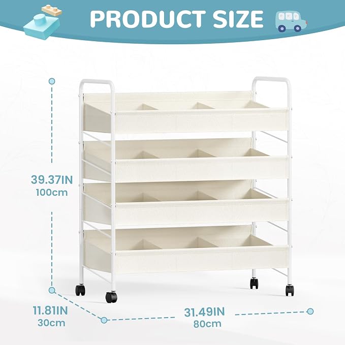 Kids Toy Storage Organizer with 4 Shelves & Wheels for Playroom | White, Large Size, Steel Frame & Oxford Fabric, Rolling Casters with 2 Locks, Safe Rounded Edges, Easy Assembly - Image 2
