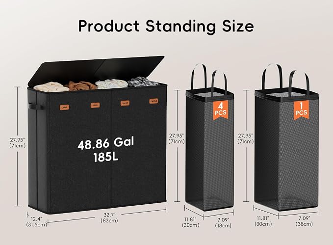 185L Laundry Hamper 4 Section with Lid | 4 Removable Bags + 1 Extra Large Bag, Switchable 3/4 Compartment, Laundry Basket Organizer for Bedroom, Laundry Room - Image 2