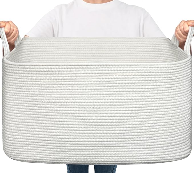 Goodpick Large Woven Rope Blanket Basket, Rectangle, White, 75L | 21.6'' x 14.9'' x 11.8'' Storage Basket for Blankets & Toys, Living Room, Bedroom & Nursery Organization, Reinforced Handles by Goodpick