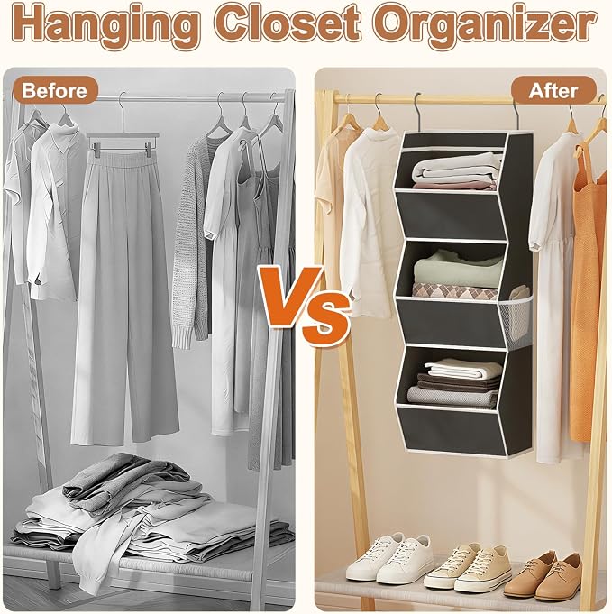 Hanging Closet Organizer Collapsible Bedroom Closet Organization, 3 Shelf | Closet Organizers and Storage Hanging with Mesh Pocket for Clothes, Closet Hanging Organizers and Storage for Wardrobe, Black - Image 6