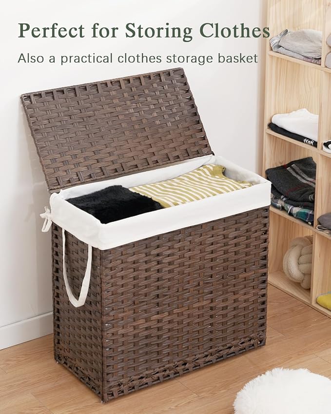 SETVSON Laundry Hamper with Lid Laundry Basket 132 L PE Rattan, Brown | Decorative PE Rattan Furniture Look for Bedroom, Large Sorting Hamper with Lid, 4 Liners, 6 Mesh Bags, Steel Frame - Image 4