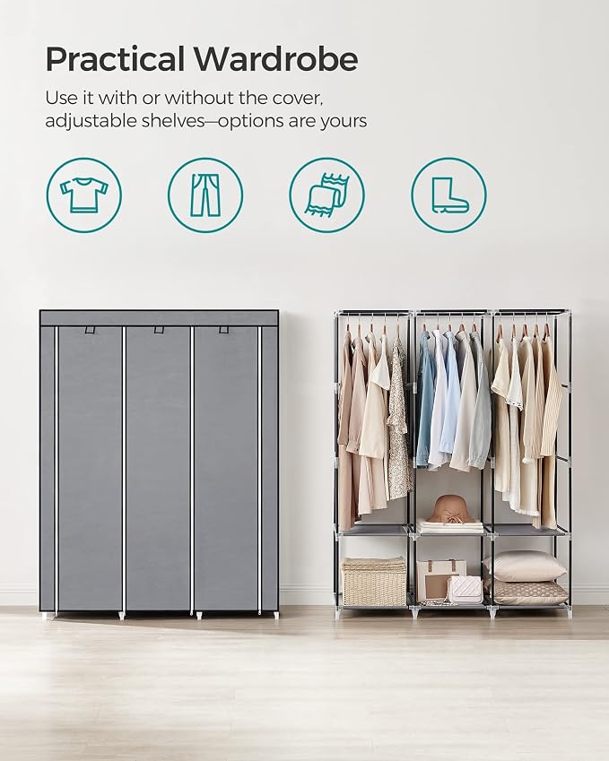 SONGMICS Portable Closet with Cover, 3 Hanging Rods and Shelves | Wardrobe Closet Organizer, 4 Side Pockets, 17.7 x 51.2 x 65.7 Inches, Dove Gray, RYLAN Collection URYG092G02 - Image 3