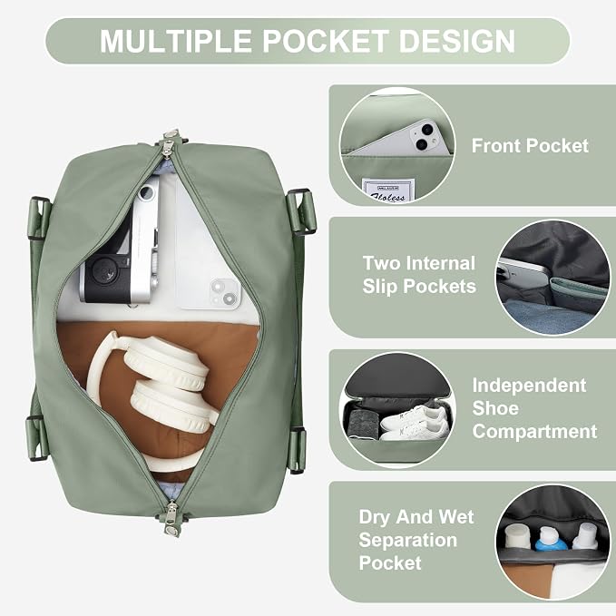 Travel Duffel Weekender Bag Women Tote Carry On Bags With Shoe Compartment | 18x14x8 inches Travel Overnight Bags with Trolley Sleeve for Airplanes Sport Tote Gym for Men Lightweight Daypack-BeigeGreen - Image 6