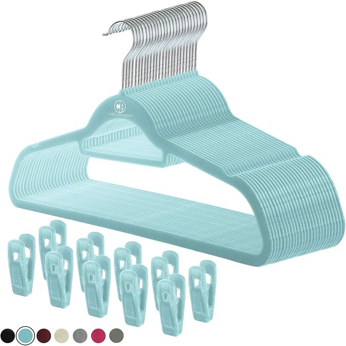 Velvet Hangers, Non-Slip Ultra Slim Space Saving Hanger, with notches, tie bar, and Swivel Hooks, 30 Pack, with Bonus 20 Matching Velvet Finger Clips. Blue (Aqua) by ClosetAccessories