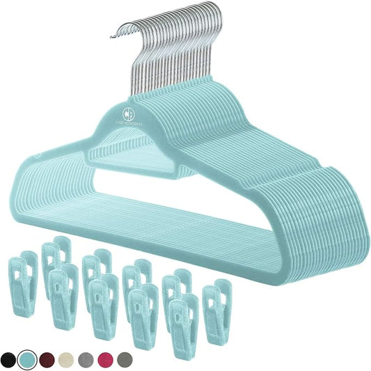 Velvet Hangers, Non-Slip Ultra Slim Space Saving Hanger, with notches, tie bar, and Swivel Hooks, 30 Pack, with Bonus 20 Matching Velvet Finger Clips. Blue (Aqua) by ClosetAccessories