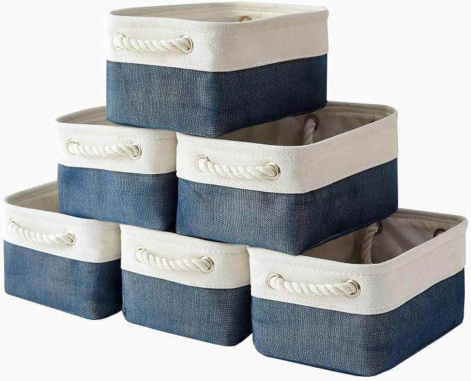 Storage Basket for Organizing - 12x8x5.2 inch Small 6 Pack Fabric Storage Bin Collapsible Baskets for Shelves with Rope, Storage Box for Cloth Decorative Laundry Canvas(White & Blue) by Sacyic