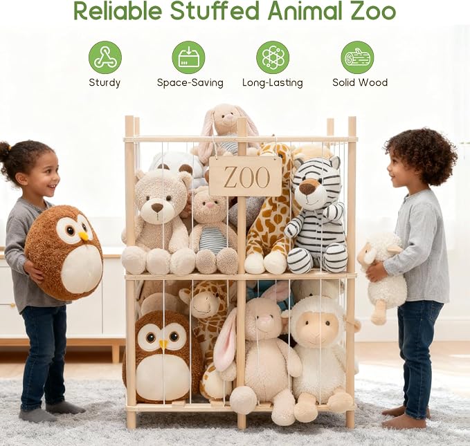 aiwo 30" Extra Wide Large Stuffed Animal Storage Toy Display Organizer | Holds 70+ plushies, Thick wood, 38.4" tall, Anti-tip base, Kid-height access, for room, playroom, bedroom, nursery decor - Image 3