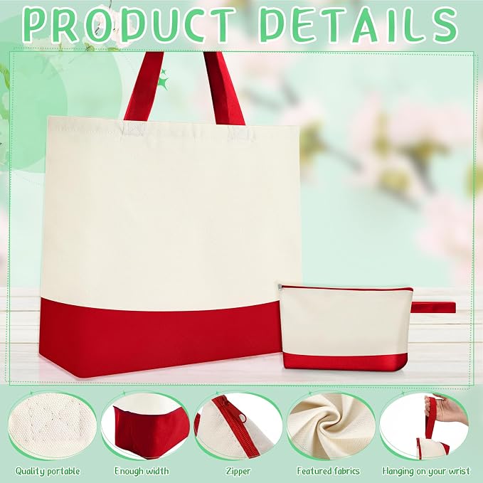 Sanwuta 30 Pcs Canvas Tote Bags Bulk with Zipper Cosmetic Pouch,Red | 18.5" Reusable Cotton Shopping Bag with Handle for DIY Craft - Image 4