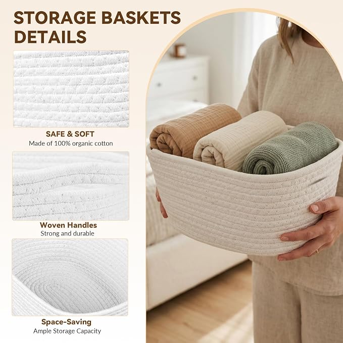 10 Pack Small Woven Baskets for Organizing, 12"x8"x5" White Cotton Rope Storage Bins with Handle, Empty Gift Basket Kit for Baby Shower, Nursery, Shelf, Bathroom & Closet Organizing - Image 4