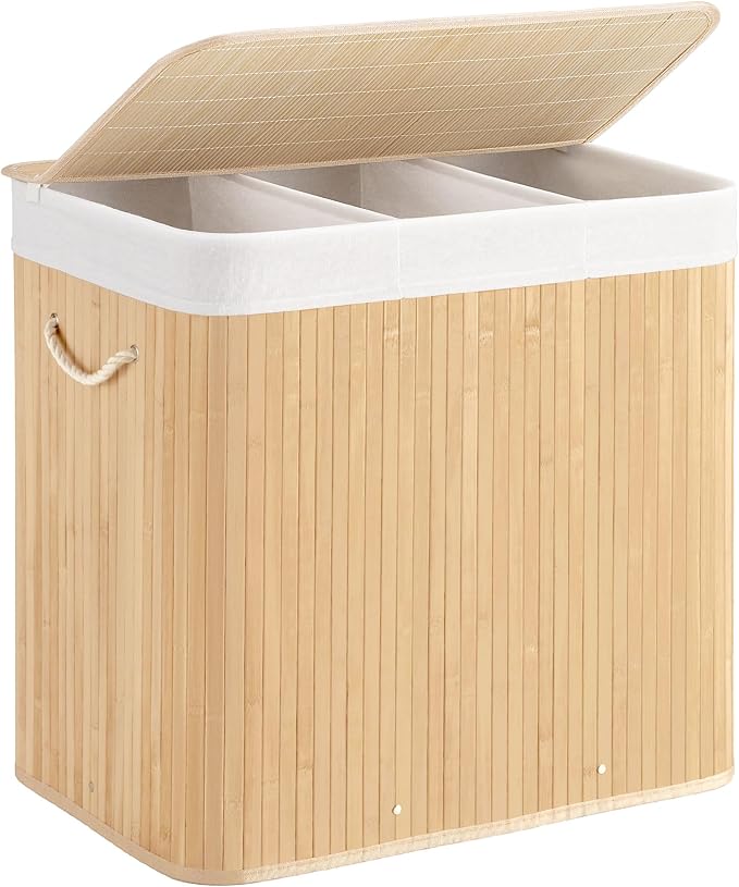 Aliphon 150L Laundry Hamper with lid, 3-Section Clothes Laundry Basket with Handles, Large Collapsible Bamboo Baskets for Bedroom, Bathroom, Dorm, Natural Beige by Aliphonbyningge_ysHOME