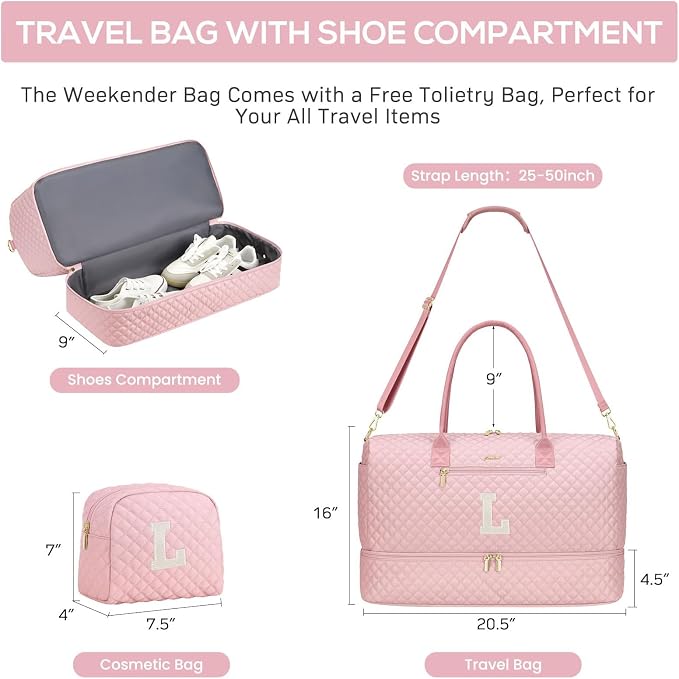 Letter Weekender Bags for Womens - Duffle Bag with Shoe Compartment Personalized Overnight Bag with Toiletry Bag Duffel Bags for Gym Hospital Bags Gift for Women Pink (Letter L) - Image 3