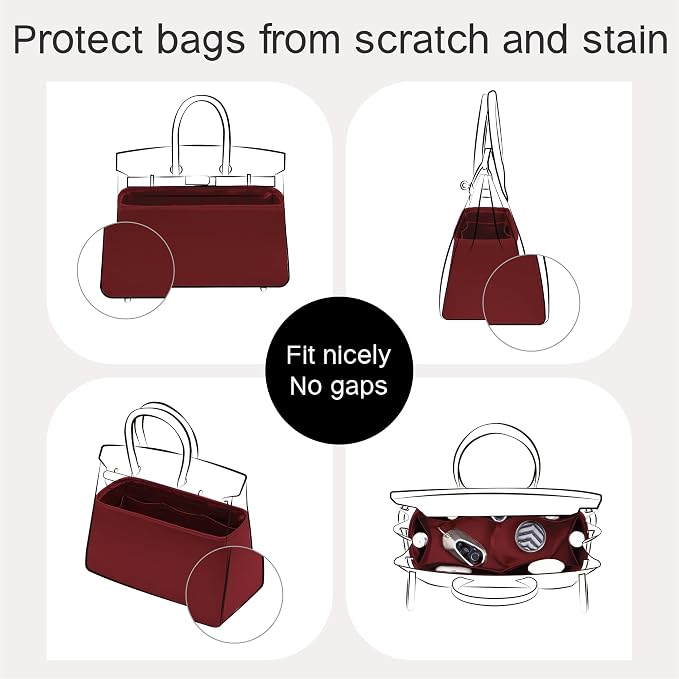 Fits for Brikin Bag Insert Organizer For Hermes(25 R,Rouge H) | Premium Silk Material,Smooth Touch,Lightweight,zipper,protect from scratches & stains,multiple pockets,keychain,waterproof - Image 3