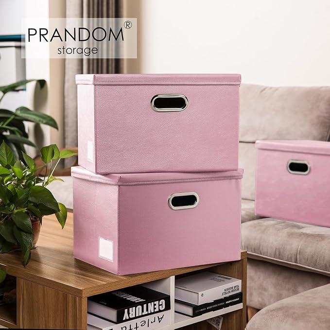 Large Collapsible Storage Box with Lid [1-Pack] Leather Fabric Foldable Storage Bin Organizer Container Basket Cube with Cover for Home Bedroom Closet Office Nursery Pink (17.7x11.8x11.8) - Image 2