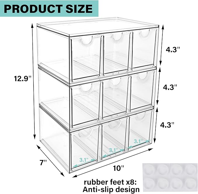 Prsildan Craft Art Supply Organizer Stackable Storage Drawer with 9 Drawers | Clear Acrylic, Tea Bag K Cup Organizer, for Kitchen Office Desk Vanity Makeup Organizer, 3 Pack - Image 3