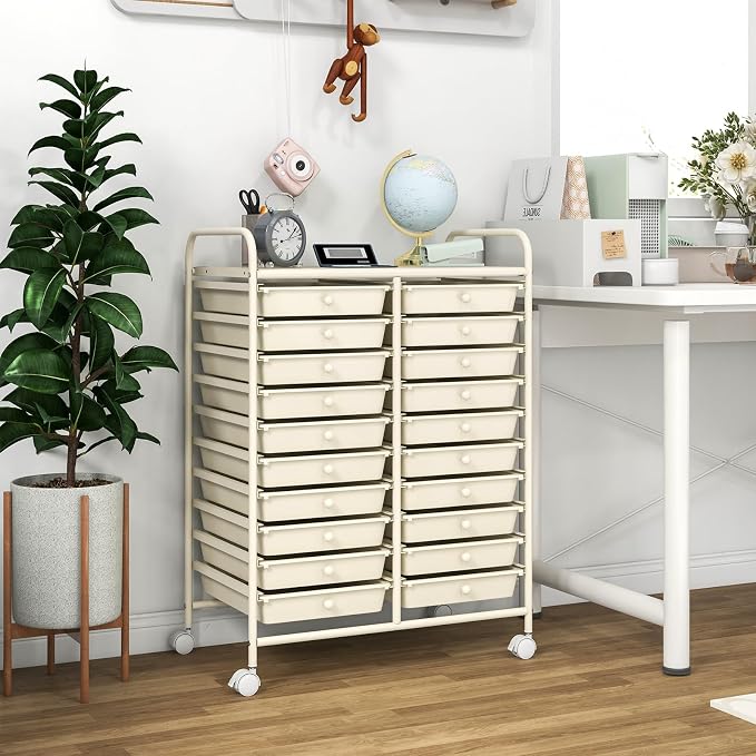RELAX4LIFE 20-Drawer Rolling Storage Cart - Mobile Rolling Cart w/Drawers for School Classroom Teacher Office Home Salon, Paper File Art Supply Craft Organizer, Utility Cart on Wheels (Ivory) - Image 2