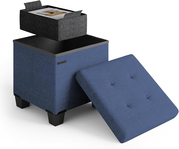 Storage Ottoman Cube with Small Bin, 15-in Square Ottoman with Storage for Living Room and Bedroom, Small Ottomans Foot Rest, Fabric Foot Stools Ottomans Max 330lbs, Blue by STORAGEBUD