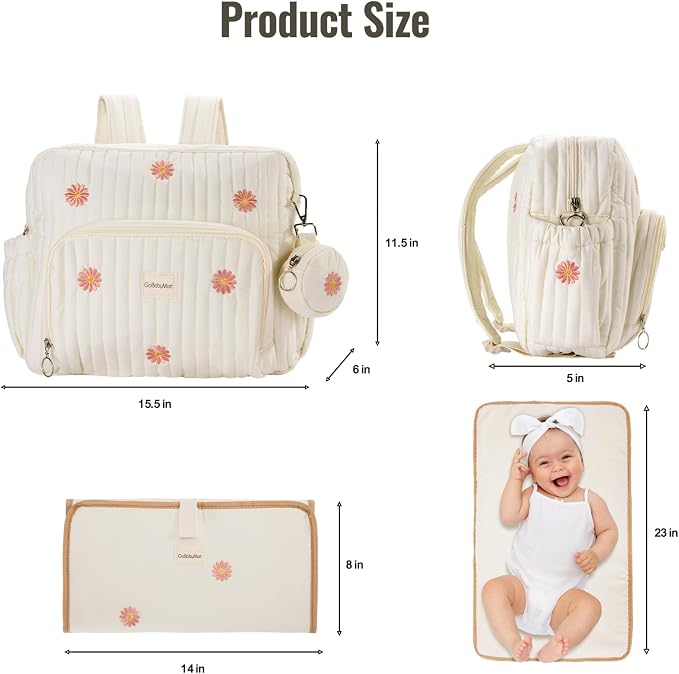 Diaper Bag Backpack with Changing Pad - Travel Baby Bag, Insulated Bottle Pockets, Stroller Straps (Medium - Beige Flowers) - Image 7