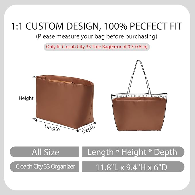 Tote Bag Organizer Insert for Coach City 33 Bag, Premium Soft Nylon Purse Organizer Insert with Laptop Sleeve, Handbag Inner Divider Shaper with Elastic Cup Holder & Smooth Zipper(City33/Brown) - Image 3