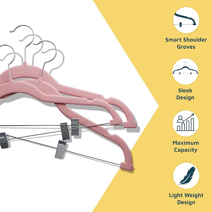 Lifemaster Velvet Pants Hangers – with Adjustable Clips, 360 Degree Swivel Hook, and Non-Slip Shoulder Notch, Holds Up to 10 lbs, for Organizing Skirt, Pants, Dress, and Clothes, Pack of 20, Pink - Image 5