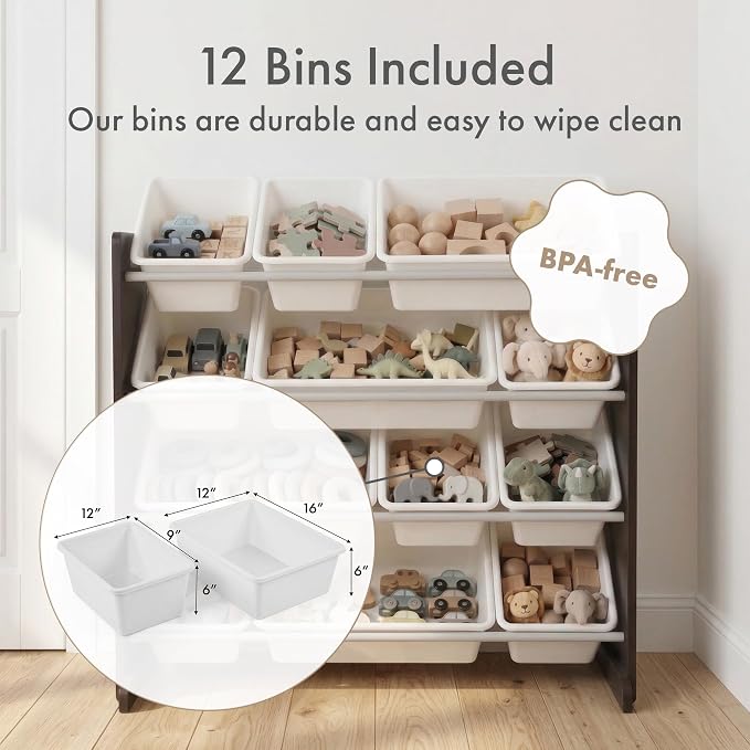 Humble Crew Kids Toy Organizer with 12 Bins, 4 Tier Storage for Playroom | Sturdy wood and steel toddler shelf, removable BPA-free containers, wall anchor anti-tip safety kit for bedroom or classroom - Image 4