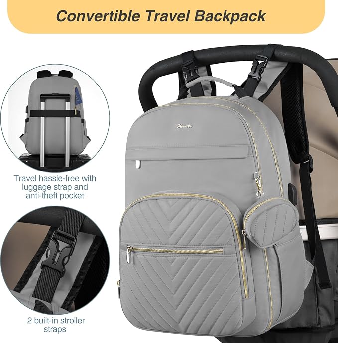 Diaper Bag Backpack, Quilted Baby Bag with Changing Pad and Stroller Straps and Pacifier Case, Large Travel Diaper Bags for Mom Dad, Grey - Image 6