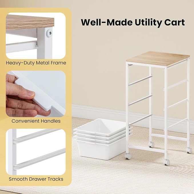 GOFLAME 4-Drawer Rolling Storage Cart, Craft Storage Cart with Wooden Tabletop and Lockable Wheels, Art Cart Supply Storage Organizer with Metal Frame for Home Office Classroom, White - Image 7