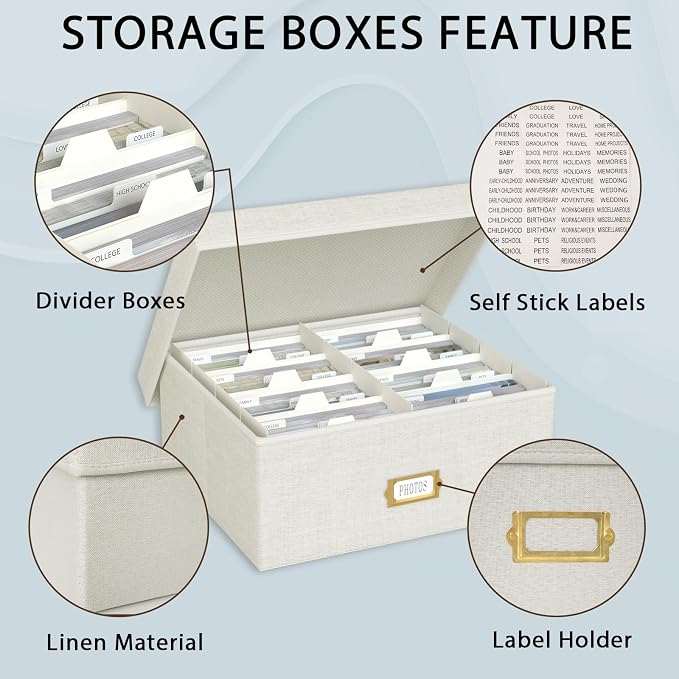 Decorative Photo Storage Box, Linen Photo Box Holds 1700 4x6 Pictures Beige | Photo Storage Containers with 8 Dividers, Memory Keepsake Organizer for Photos, Scrapbook Supplies, Cards, Stamps,Archive Box - Image 3