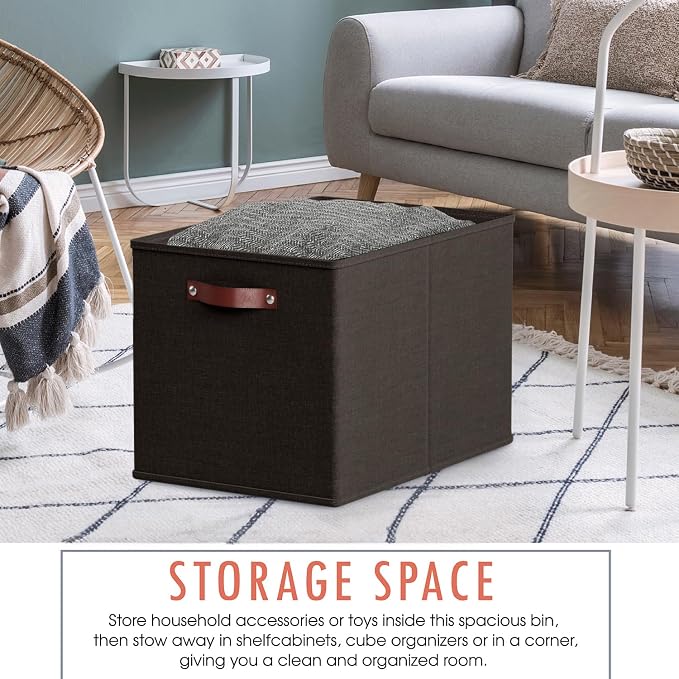 Ornavo Home 13x15x13 Foldable Fabric Storage Cube Bins, 6 Pack, Black | Collapsible Linen Shelf Basket Organizer; Leather Handles; Fits Cube Storage Shelving Units - Image 4