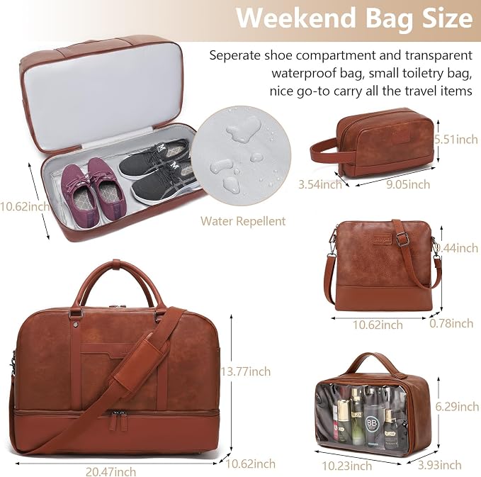 4-in-1 Waterproof Faux Leather Overnight Travel Bag for Women Men | Hospital Gym Weekender Bag Carry On Personal Item Travel Duffel Bags with Shoe Compartment Toiletry Bag Fit 21" Laptop - Image 6