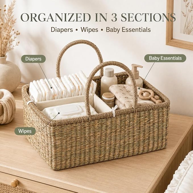 Premium Wicker Baby Diaper Caddy Organizer, Woven Seagrass Basket with Handles, Diaper Basket with Dividers (Rectangle) - Image 2