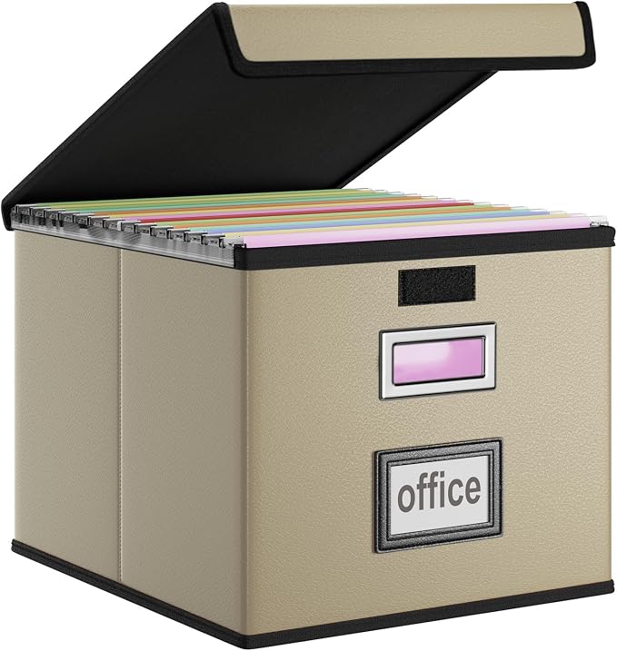 Foldable File Organizer Box with Lids (1 Pack, Khaki, Leather) | File Box with Plastic Slides for Document, Filing Bin for Letter Size Hanging File Folders (1 Pack, Khaki, Leather) by Huolewa