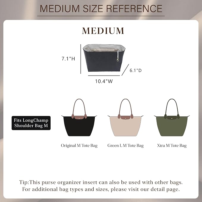 Purse Organizer Insert for Longchamp Le Pliage Medium, Black Beige | 6-Compartment Bag Organizer with YKK Zipper Pocket, Cup Holder, Key Chain, Waterproof DupontPaper Lightweight Handbag Shaper - Image 2
