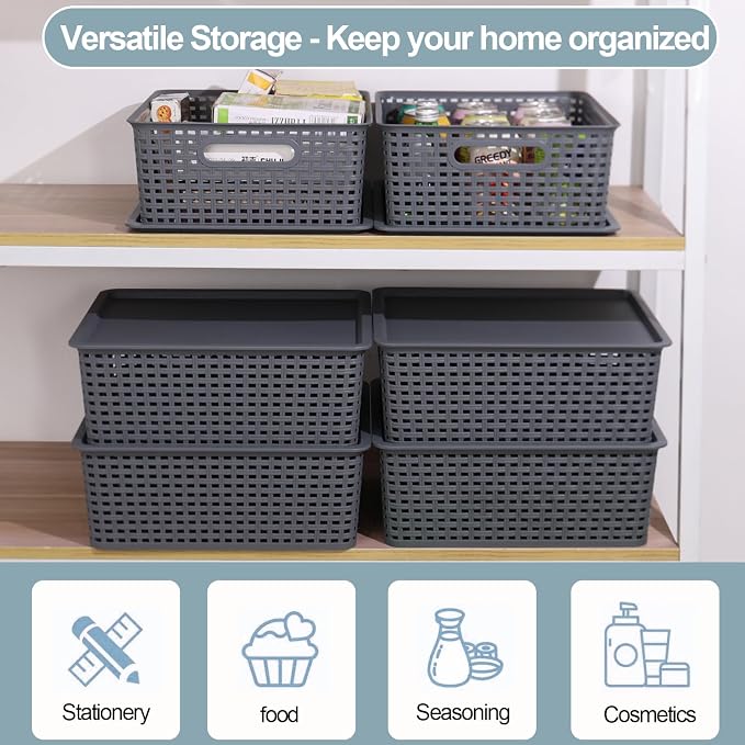 6 Pack Plastic Storage Bins with Lids, Stackable Storage Baskets with Handles, Plastic Organizer Container Bins for Desk,Shelves,Office, Pantry Organizers and Storage, Grey - Image 4