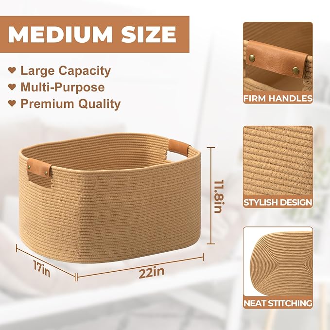 Large Blanket Basket for Living Room, 72 L Woven Cotton Rope Baskets for Kids Toy, Pillows, Towels, Cotton Organizing with leather handle, Storage Bin for Nursery, 22’’*17’’*11.8’’ Jute - Image 2