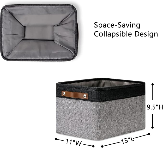 DULLEMELO Canvas Storage Bin with Handles, Fabric Bins for Shelves, Bedroom, Office,Nursery,Fabric Storage Baskets for Toys, Clothes,Gift(Black&Grey,L-15"x11"x9.5",4-Pack) - Image 2