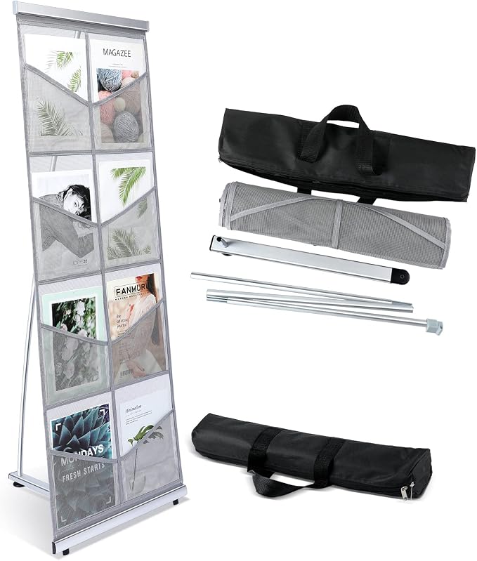 Outus Mesh Literature Brochure Holder with 8 Pocket Portable Magazine Display Roll Up Magazine Rack Lightweight Floor Standing Catalog Office Brochure Display Stand for Business Trade Shows by Outus