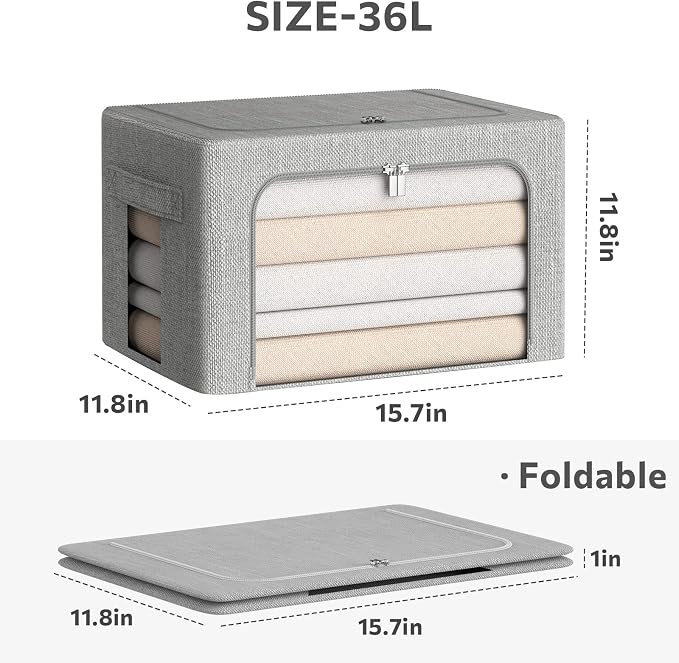 CYhom 3Pack Foldable Storage Bins - Frame Storage Box Linen Fabric Stackable Clothes Container Organizer with Clear Window & Carry Handles Large Capacity (Medium-36L, Light Grey) - Image 5