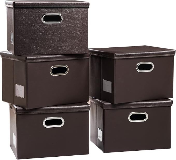 Large Stackable Storage Boxes with Lids [5-Pack] Leather Fabric Foldable Storage Bins Organizer Containers Baskets Cubes with Cover for Bedroom Closet Office Nursery Brown(17.7x11.8x11.8) by Prandom