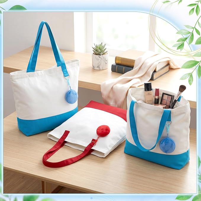 Sanwuta Canvas Tote Bags Bulk with Zipper and Plush Coin Purses 18.5" Reusable Cotton Shopping Bags with Handle for DIY Craft - Image 3