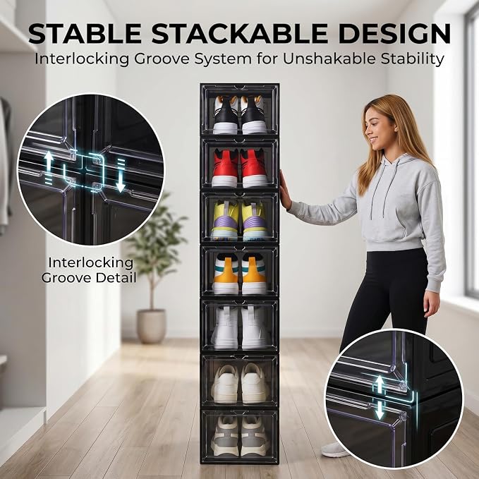 Large Black Shoe Storage Boxes Stackable, 12 Pack Hard Plastic Shoe Storage Organizer with Magnetic Door, Shoe Container Sneaker Storage Display Case Fit up to US Size 12 Black - Image 4