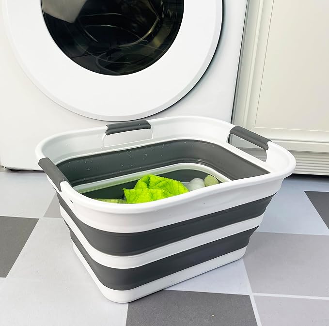 SAMMART Set of 2 Collapsible Plastic Laundry Basket/Organizer-Washing Tub-Foldable Pop Up Storage Container-Space Saving/Portable Hamper. Ideal for Home, Travel, Dorm & Camping (White/Steel Grey, 19L) - Image 8